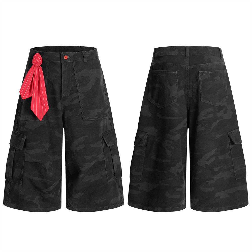 American Retro Camouflage Denim Seven-Quarter Shorts for Men, Loose Wide-Leg Multi-Pocket Design Workwear Five-Quarter Pants Trendy - V.I.P Digital Presence