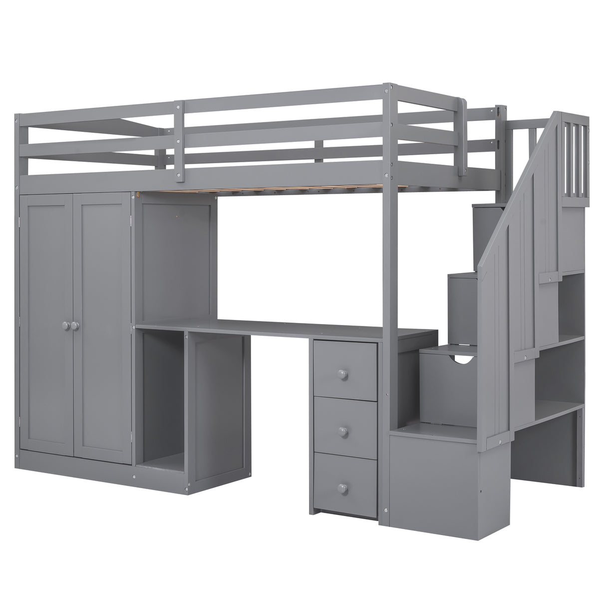 Twin Size Loft Bed with Wardrobe and Staircase Desk and Storage Drawers and Cabinet in 1 Gray