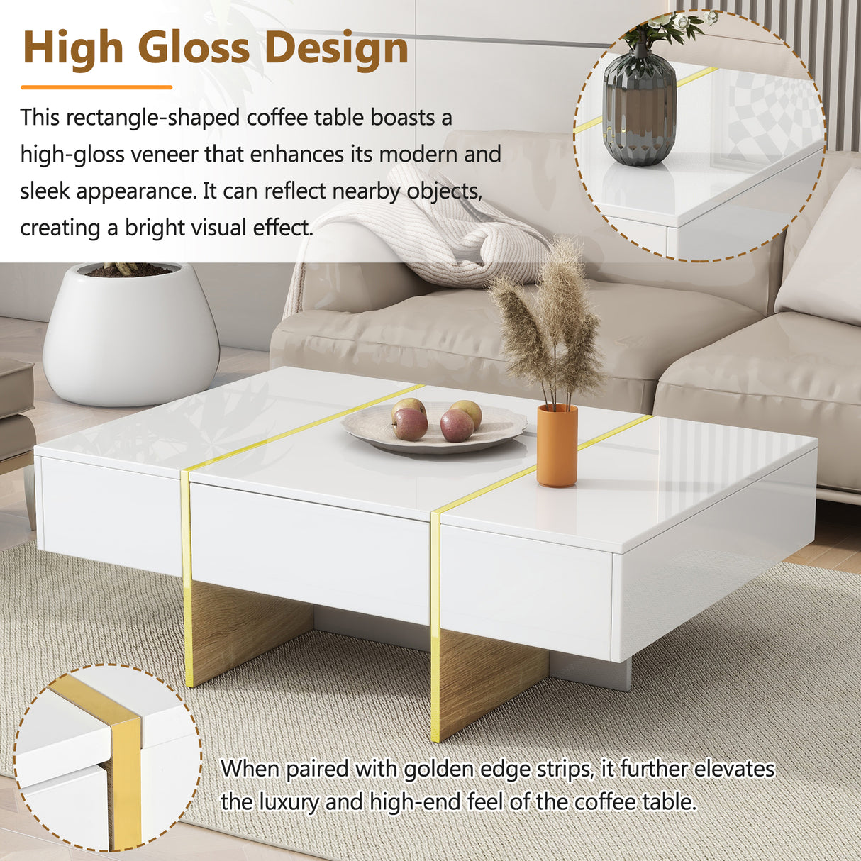 ON-TRANS 47.2 inch x 31.4 inch multifunctional rectangular sofa table with 2 drawers and gold wood grain leg center table, white - V.I.P Digital Presence