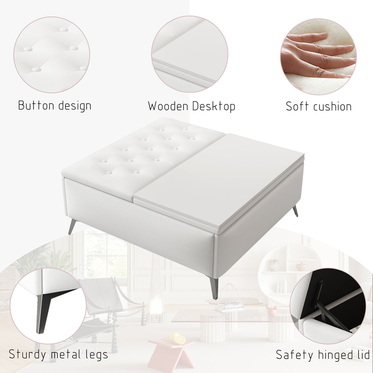 35 inch Wide Square storage benches Coffee Table with Lift Top Oversized Storage Ottoman in Upholstered for Living Room - V.I.P Digital Presence