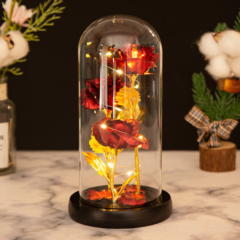 Valentine's Mother's Day Gift: Three Glass Cover Gold Foil Roses Ornament, Eternal Flower LED Night Light - V.I.P Digital Presence