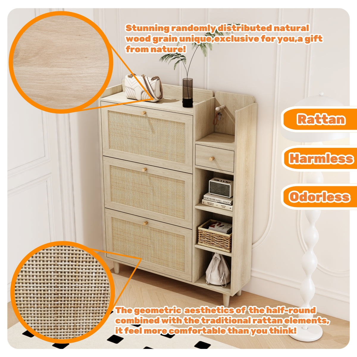 Natural Bohemian style shoe cabinet with 3 rattan flip drawers, 3 square shelves, and 1 storage drawer, Natural - V.I.P Digital Presence