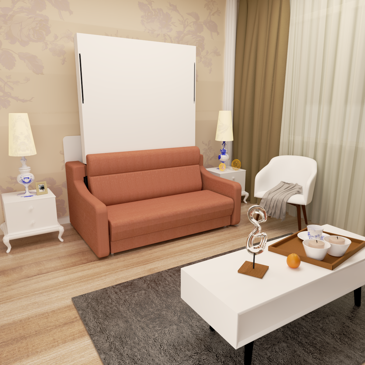 Full size Morden Deisgn vertical Murphy bed with sofa and drawers, white wall bed, space saving hidden bed with new gas pillars - V.I.P Digital Presence