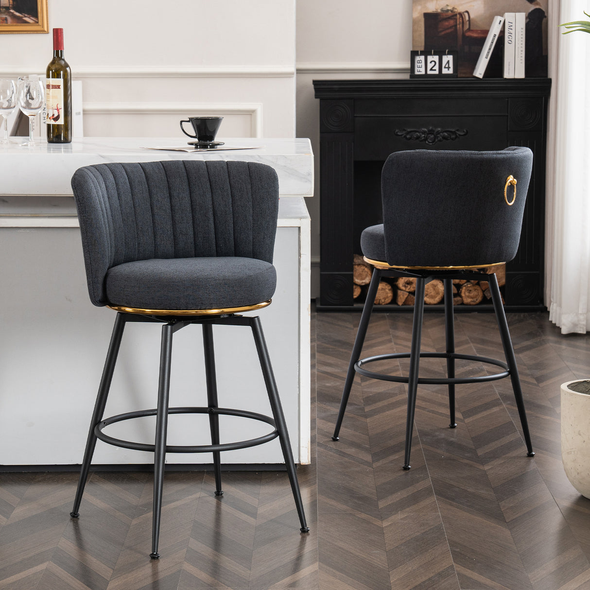 A set of 2 gray rotating bar stools - high backrest, adjustable, with elegant metal backrest decoration - V.I.P Digital Presence