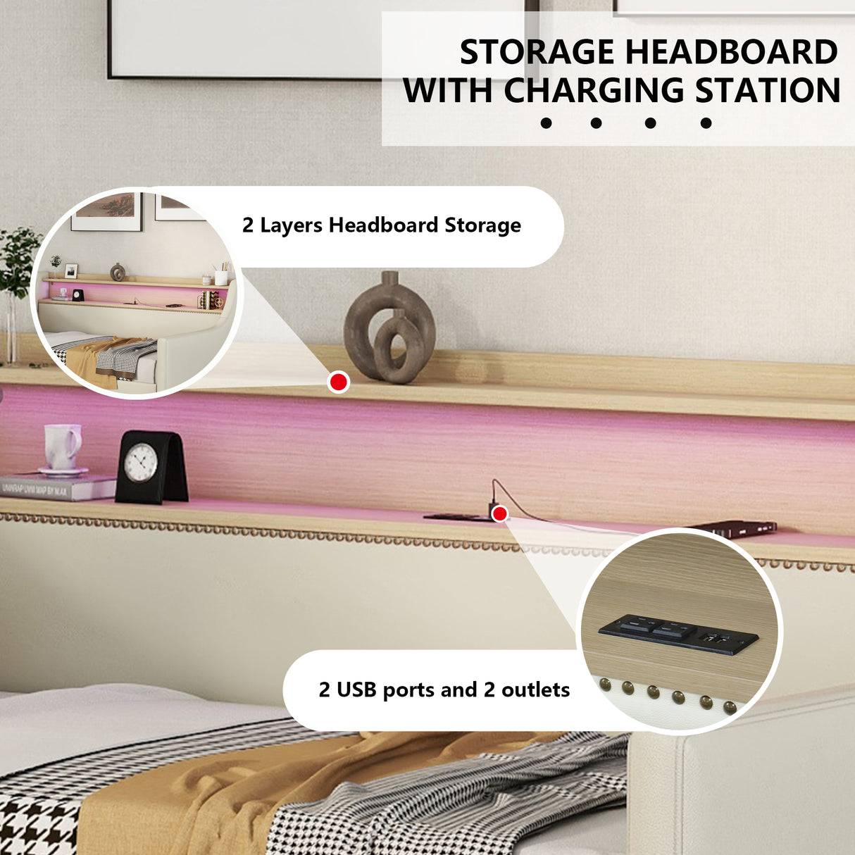 Twin Size Daybed with Storage Drawers, Upholstered Daybed with Charging Station and LED Lights, Beige - V.I.P Digital Presence