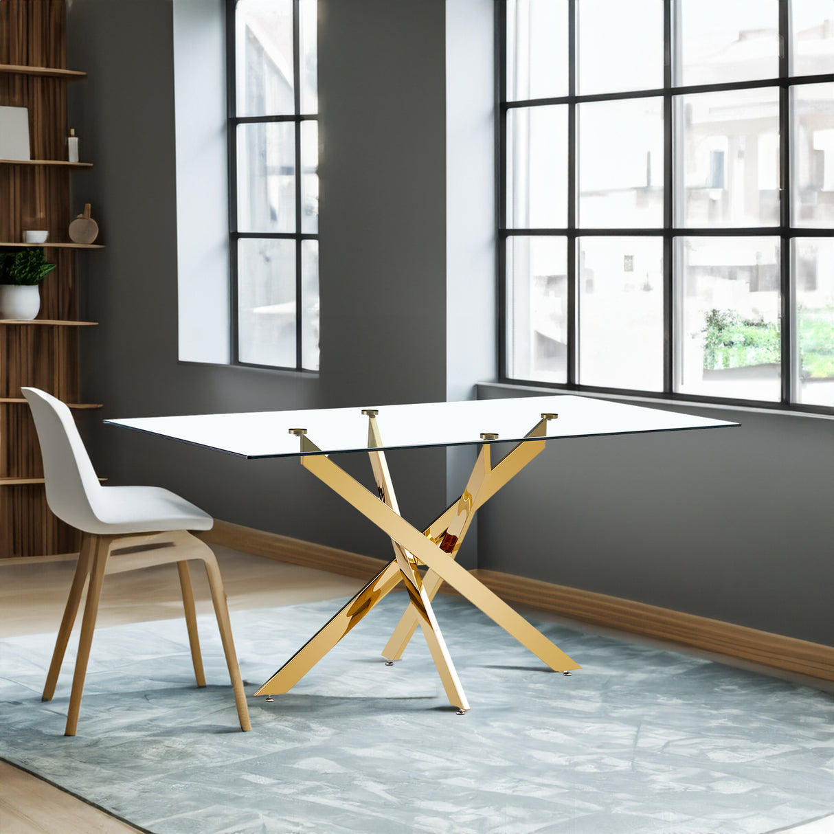 TEMPERED CLEAR GLASS GOLDEN LEG DINNING TABLE 63" - V.I.P Digital Presence