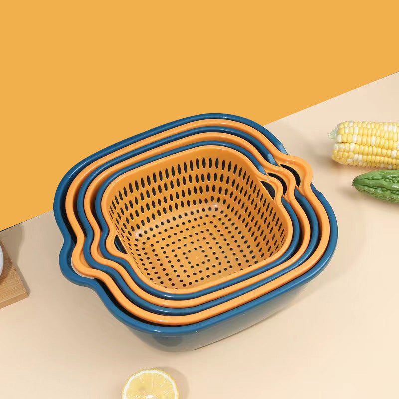 Six-Piece Set Of Multifunctional Kitchen Plastic Double Layer Household Basket Vegetable Washing Basket Large Drainage Basket - V.I.P Digital Presence