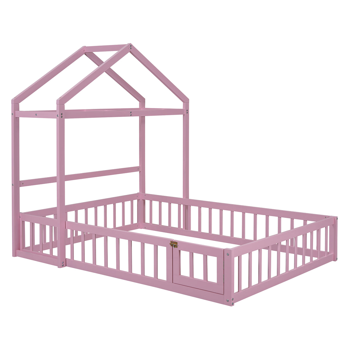 Wooden Full Size Children's Bed with Detachable Headboard and Integrated Clothes Drying Rack, Pink - V.I.P Digital Presence