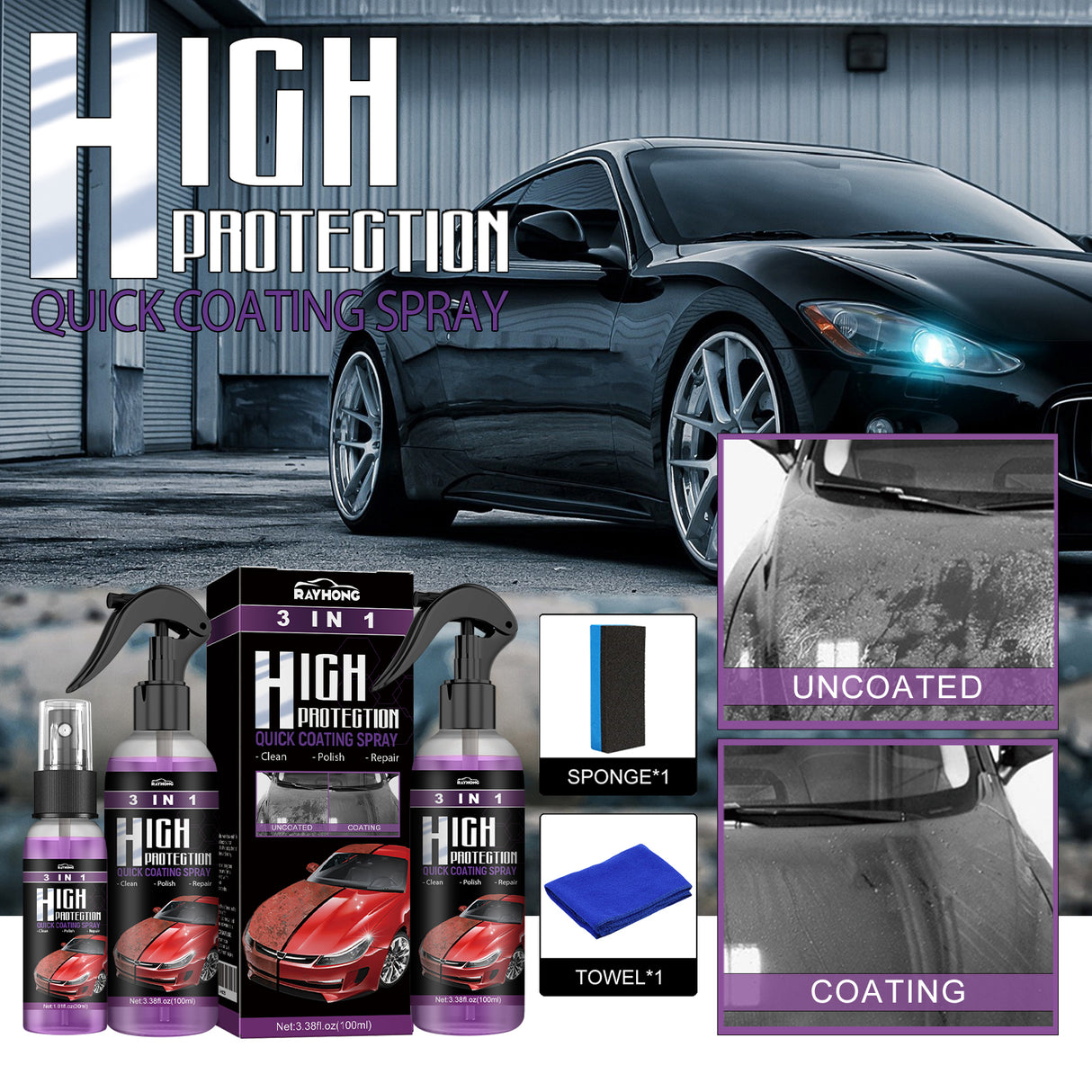 3 In 1 High Protection Quick Car Coating Spray, Diy Paint Change Color Cleaning Coating Spray - V.I.P Digital Presence