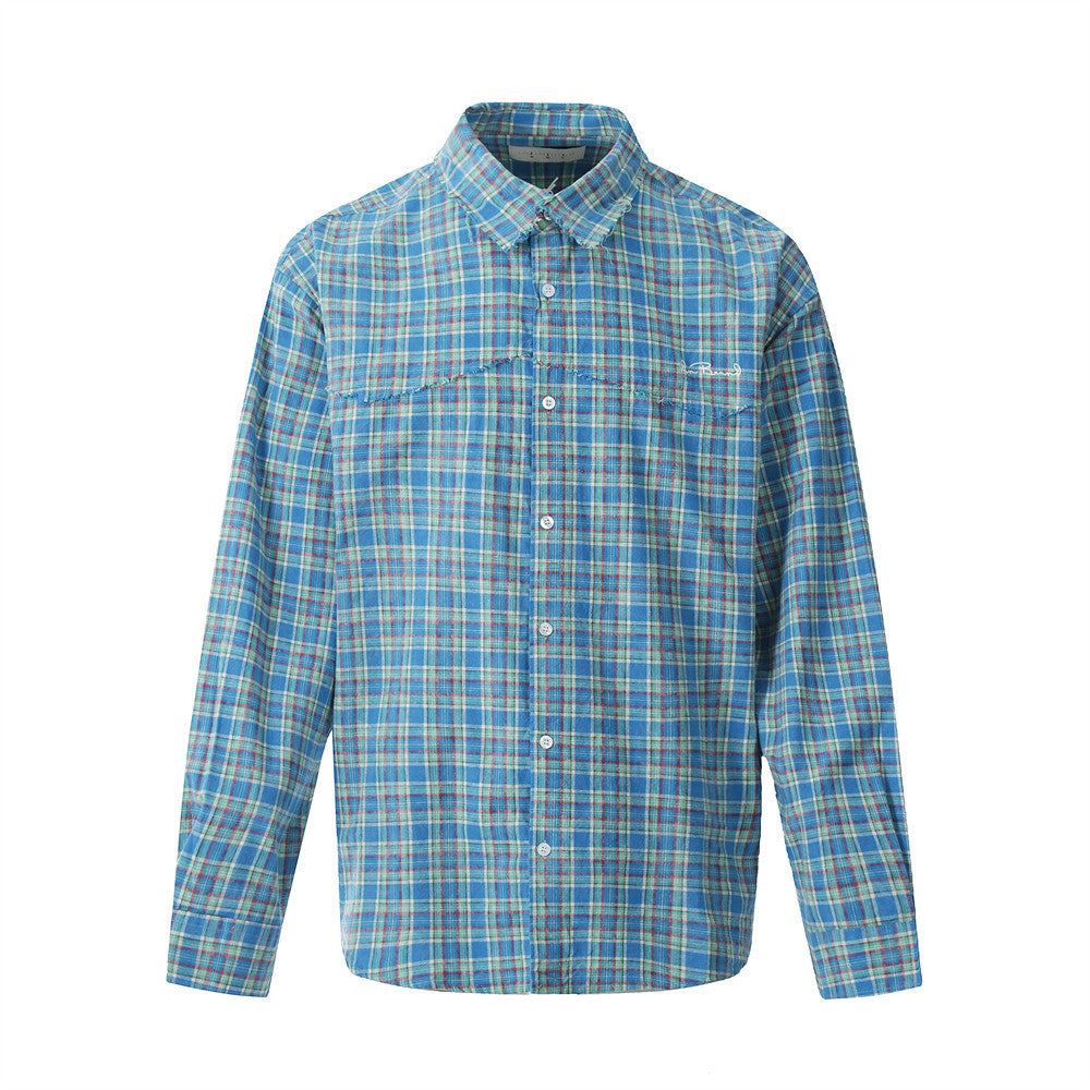 Plaid Long Sleeve Shirt Men's Spring Autumn Japanese Style Versatile Loose Casual Spliced Frayed Plaid Dress Shirt - V.I.P Digital Presence