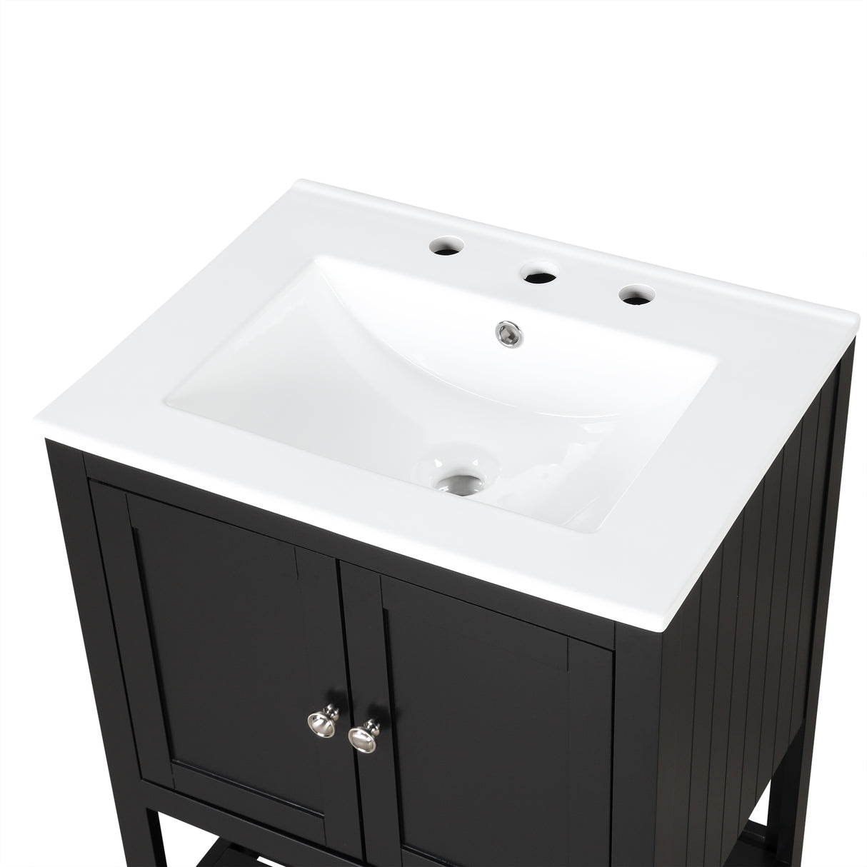 24" Black Modern Sleek Bathroom Vanity Elegant Ceramic Sink with Solid Wood Frame Open Style Shelf - V.I.P Digital Presence