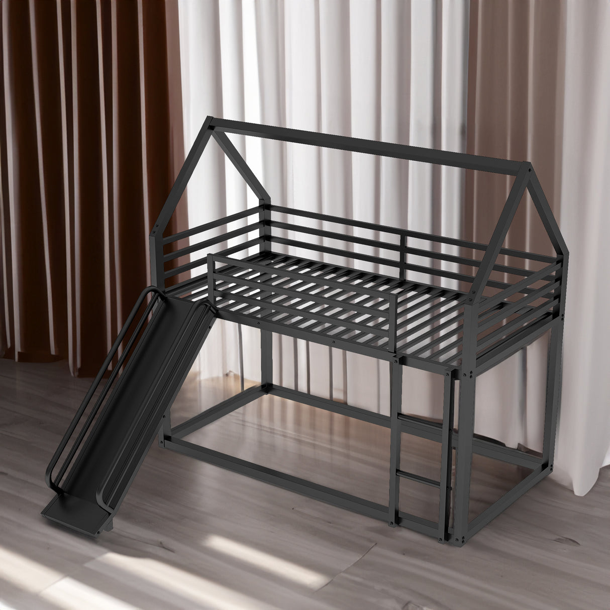 Twin over Twin House Bunk Bed with Ladder and Slide,Black - V.I.P Digital Presence