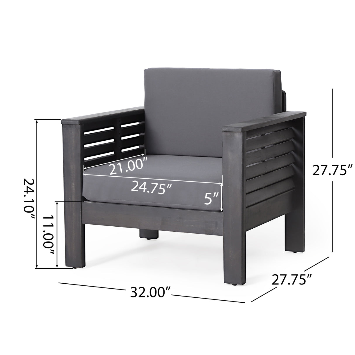 ( Set of 2) Outdoor Acacia Wood Club Chairs with Cushions, Dark Gray, 27.75"D x 32"W x 27.75"H - V.I.P Digital Presence