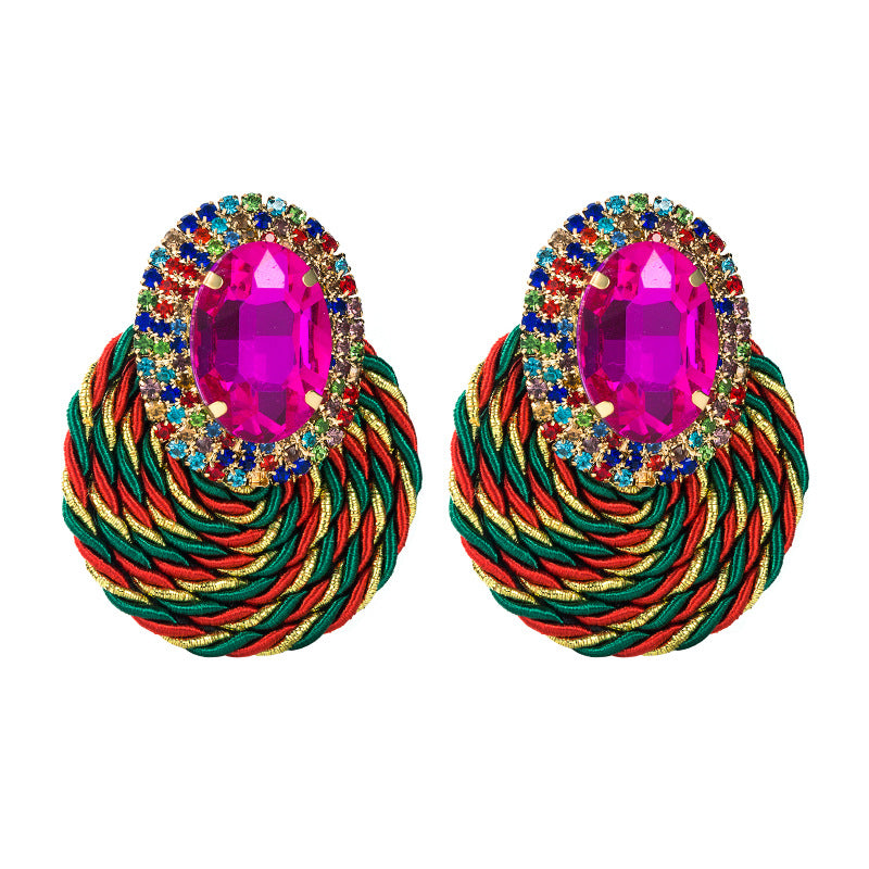 European And American Style Colored Diamond Series Personality Exaggerated Oval Glass Diamond Earrings Handmade Line Braided Earrings - V.I.P Digital Presence