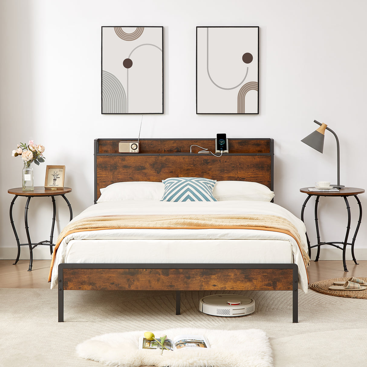 Bed frame with charging station full size, Rustic Brown, 83.1'' L x 56.1'' W x 39'' H - V.I.P Digital Presence