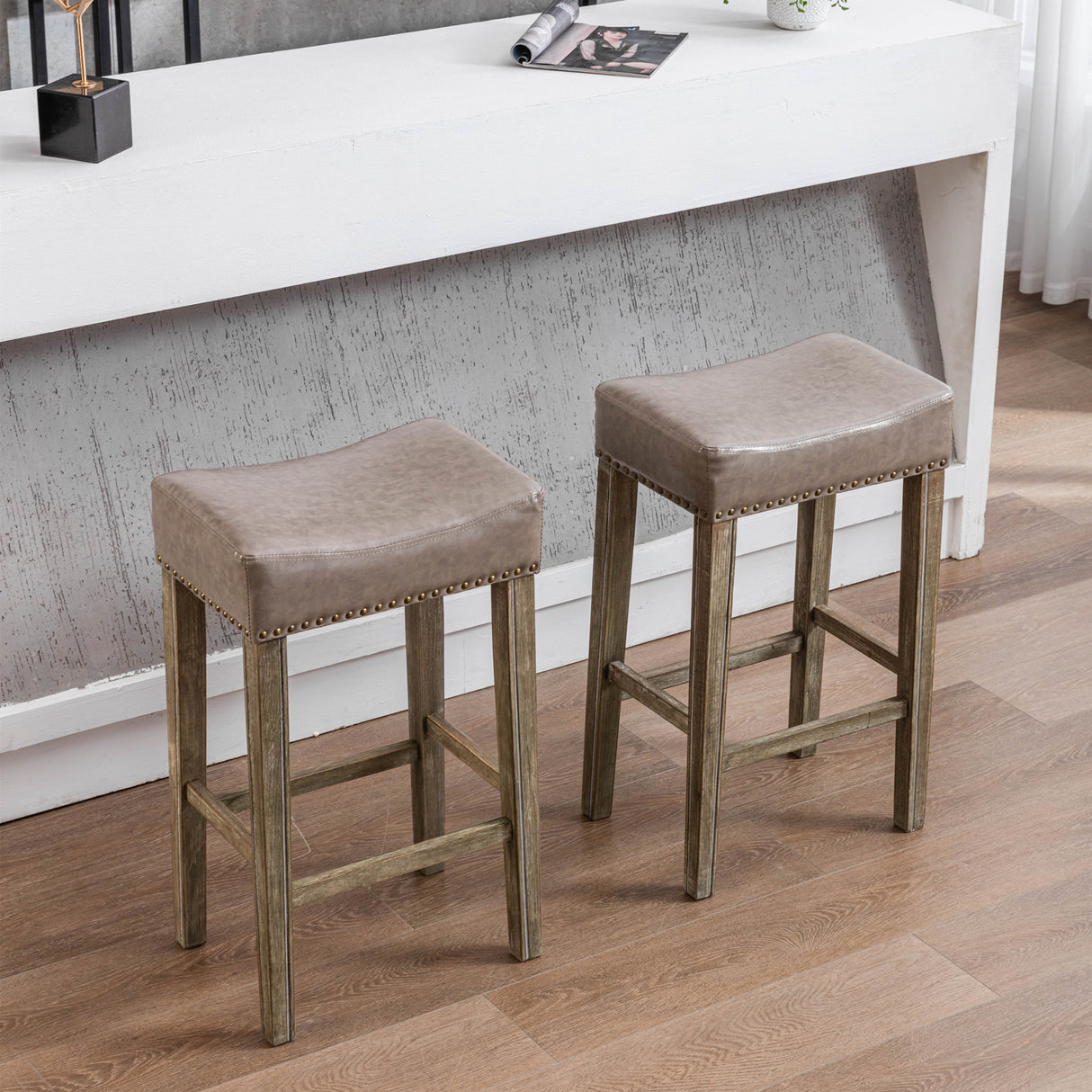 Counter Height 29" Bar Stools for Kitchen Counter Backless Faux Leather Stools Farmhouse Island Chairs (29 Inch Gray Set of 2)