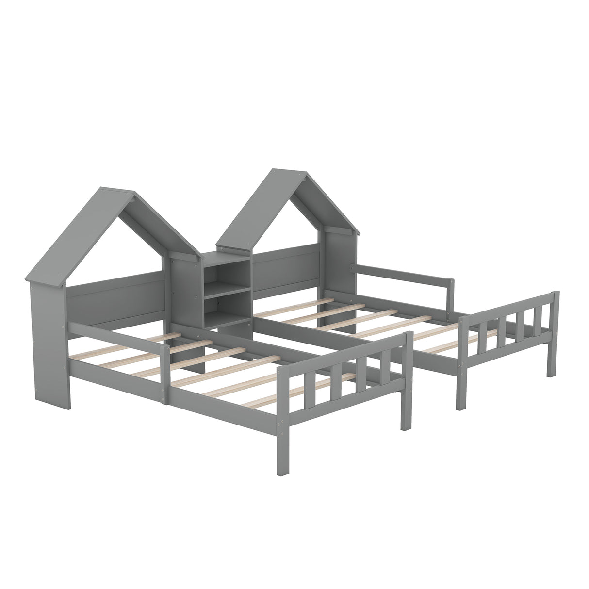 Double Twin Size Platform Bed with House-shaped Headboard and a Built-in Nightstand Grey