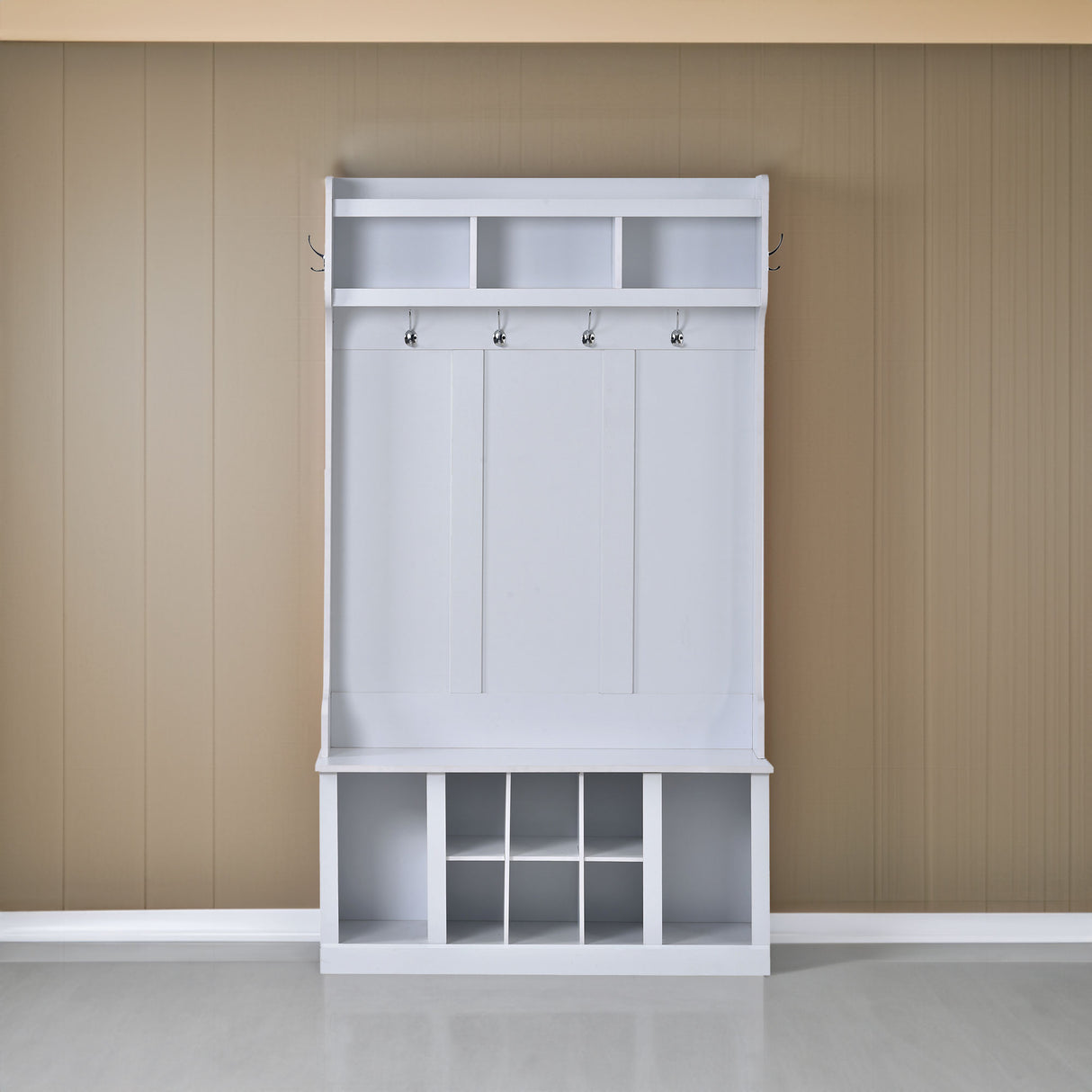 U-Can Hall Tree with 6 Hooks Coat Hanger Entryway Bench Storage Bench (White)