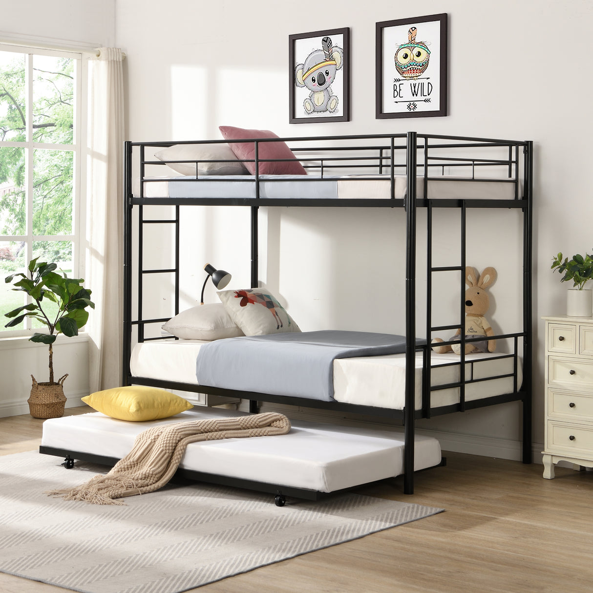 Twin bunk bed frame with trailer, metal bunk bed with sturdy guardrail and side ladder, can be divided into two beds, black - V.I.P Digital Presence