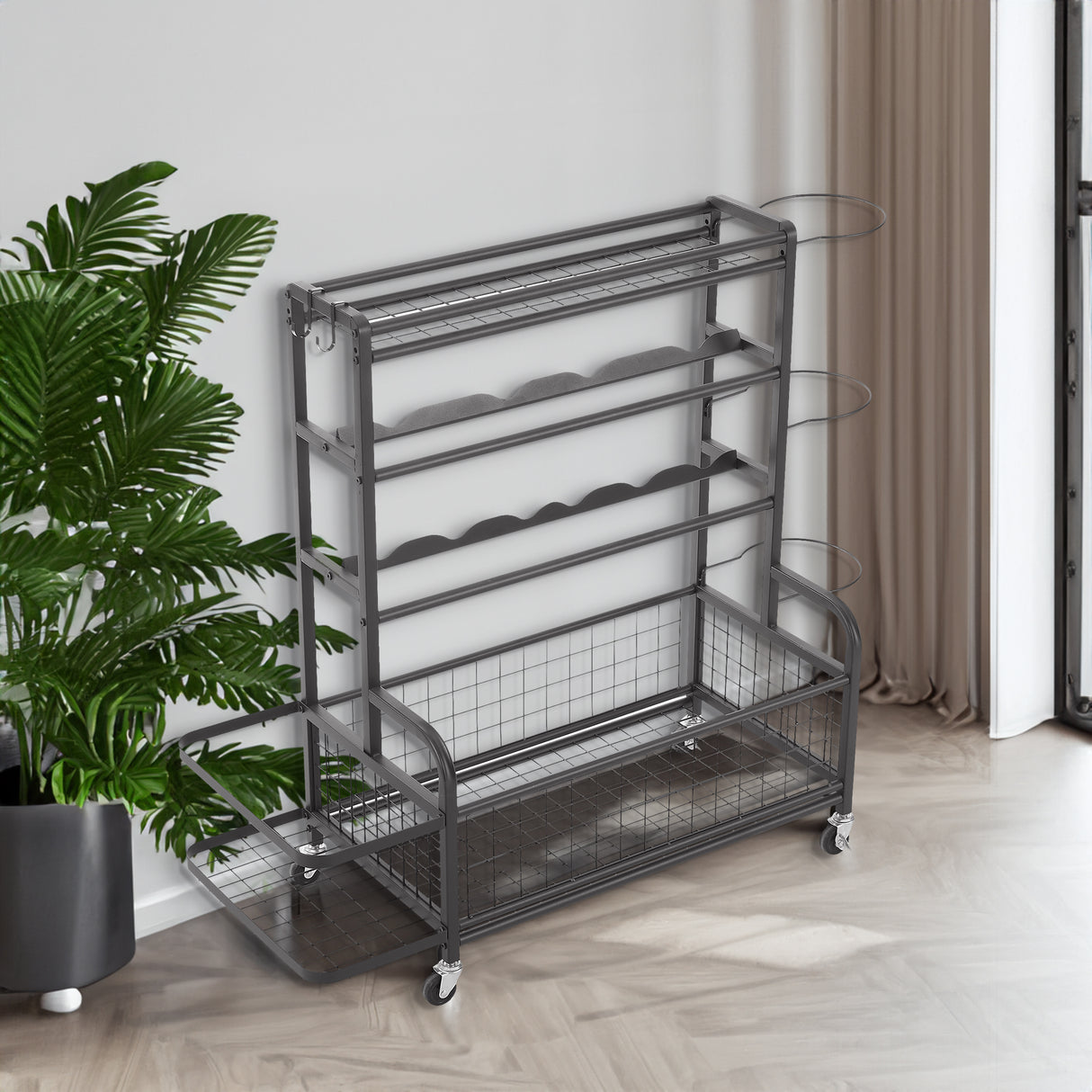 Four layer metal storage rack, large ball storage rack with rollers, baskets, and hooks - V.I.P Digital Presence