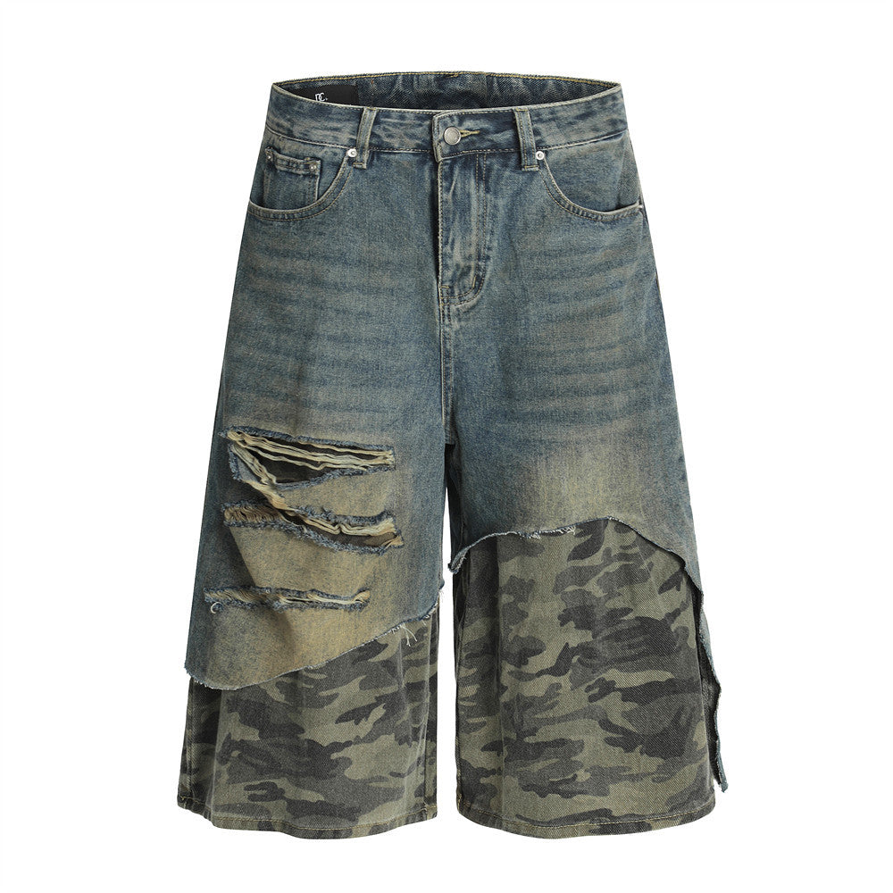 Post-Apocalyptic Style Distressed Patchwork Camouflage Seven-Quarter Denim Pants Men's Summer Fake Two-Piece Washed Frayed Hem Shorts - V.I.P Digital Presence