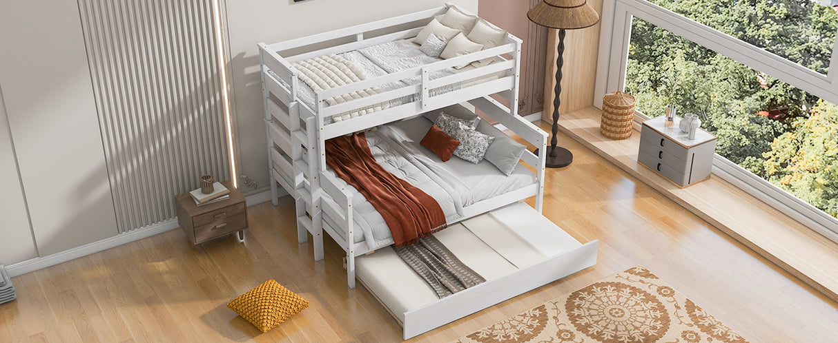 Wood Twin over Full Bunk Bed with Twin Size Trundle White