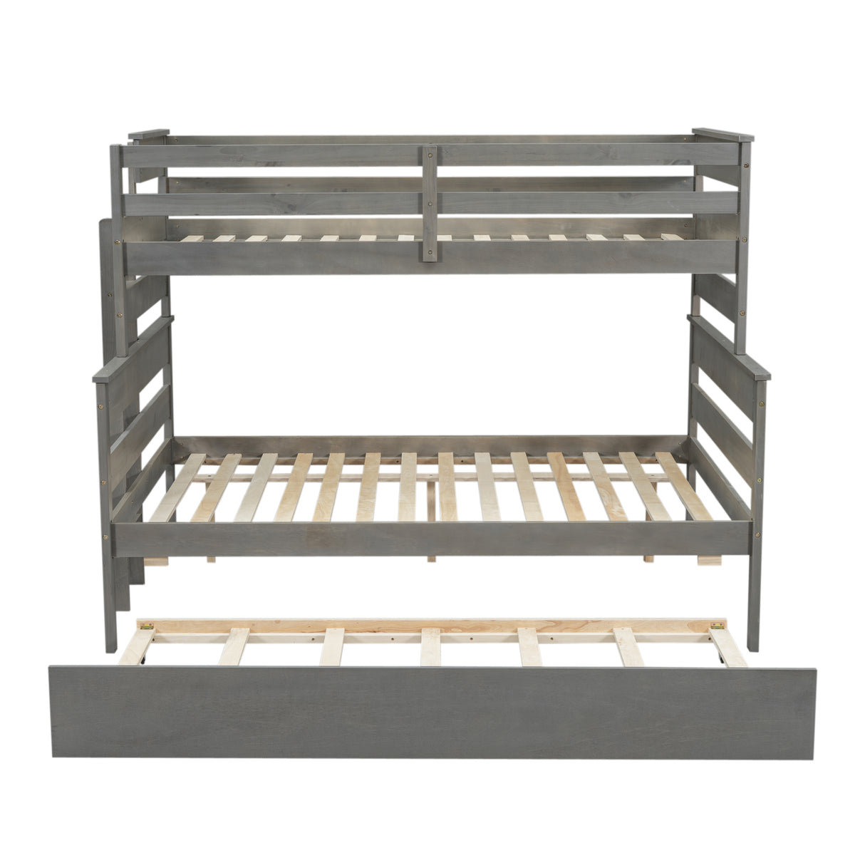 Wood Twin over Full Bunk Bed with Twin Size Trundle Gray
