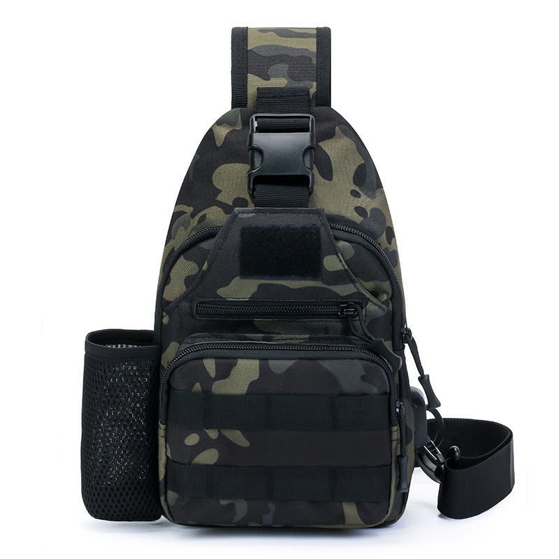 Tactical crossbody sling backpack. Has water bottle holder, MOLLE system, USB charging port. Ideal for travel and walks. Cp Camo - V.I.P Digital Presence