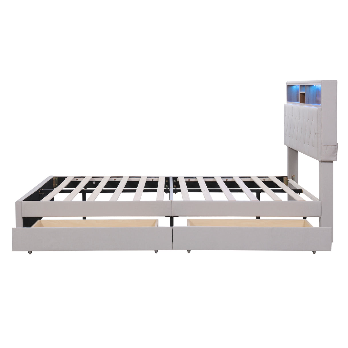 Queen Size Upholstered Platform Bed with Storage Headboard LED USB Charging and 2 Drawers Beige