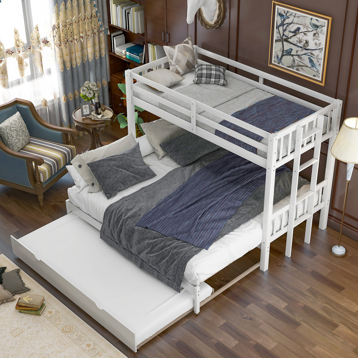 Twin over Pull-out Bunk Bed with Trundle White