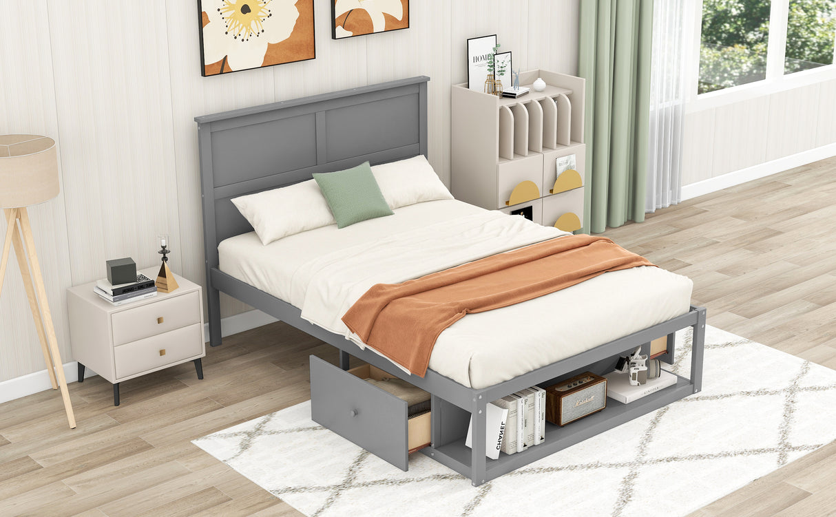 Full Size Platform Bed with Drawer on the Each Side and Shelf on the End of the Bed Gray