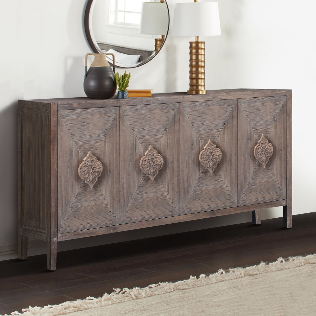 Carved Flower Door Handle, Antique Four Door Cabinet for Living Room Kitchen Hallway (Brown) - V.I.P Digital Presence