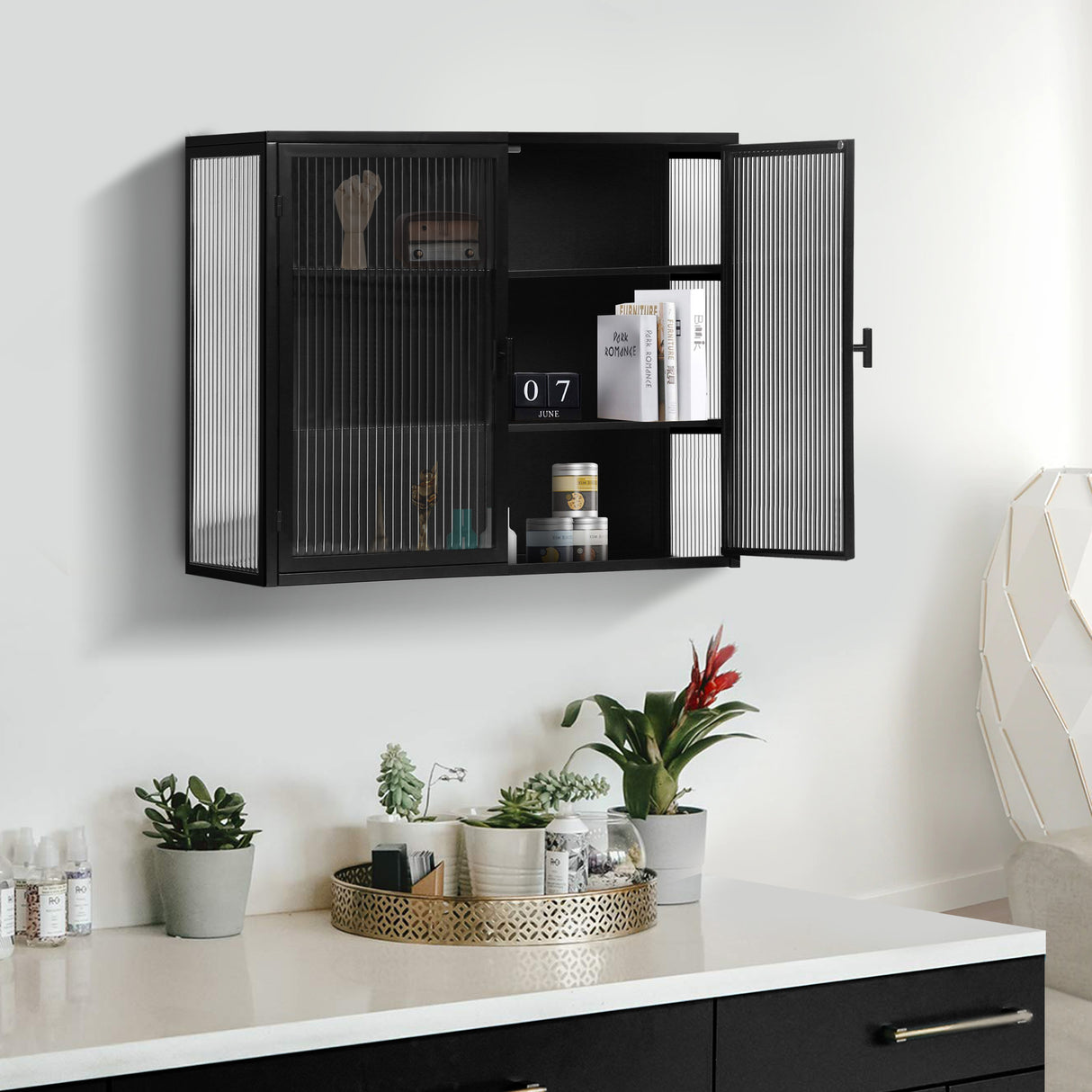 27.56"Glass Doors Modern Two-door Wall Cabinet with Featuring Three-tier Black