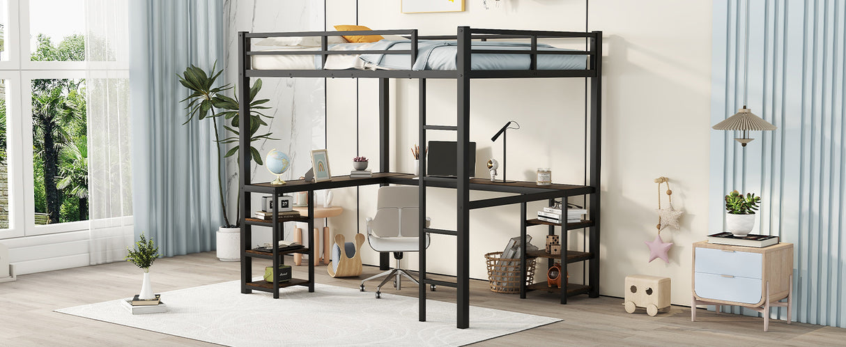 Full metal loft bed with desk and shelf, loft bed with ladder and guardrail, black with retro wood desk - V.I.P Digital Presence