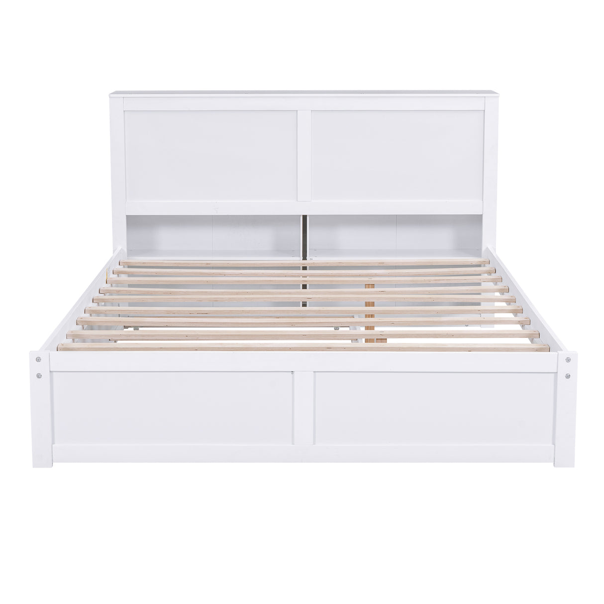 Queen Size Storage Platform Bed with Pull Out Shelves and Twin XL Size Trundle White