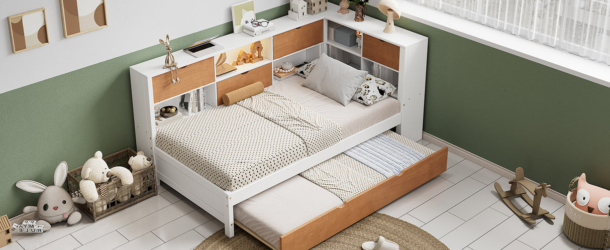 L-shaped bed frame with luggage and bookshelf, corner bed wooden captain's bed LED tube light and USB port walnut and white - V.I.P Digital Presence