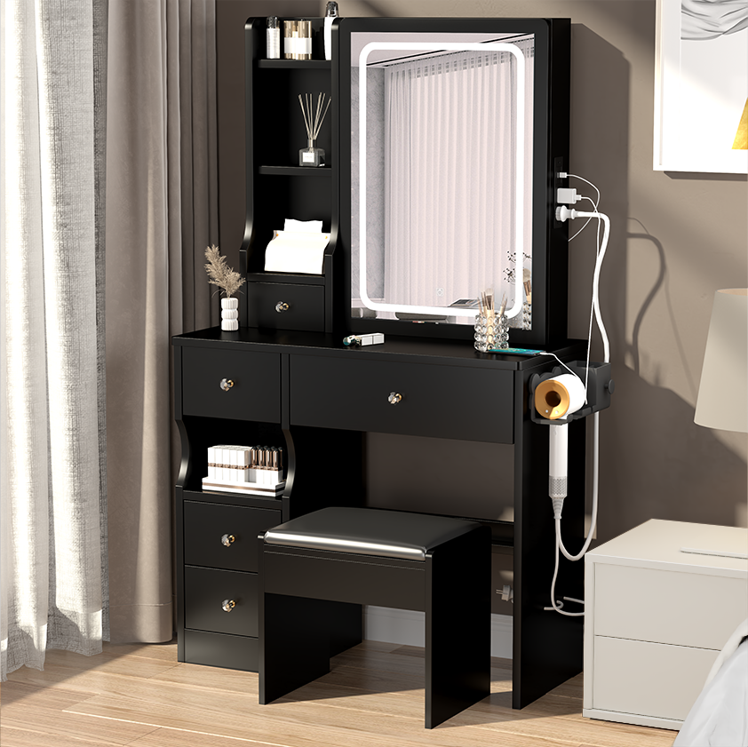 Left drawer desktop vanity+cushioned stool, 2 AC+2 USB power stations, touch sliding LED mirror, tri color switch - V.I.P Digital Presence