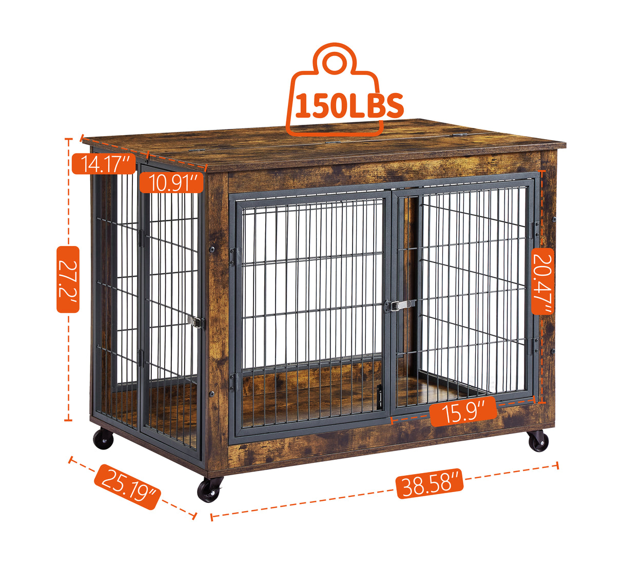 Furniture Dog Cage Crate with Double Doors, Rustic Brown, 38.58'' W x 25.2'' D x 27.17'' H - V.I.P Digital Presence