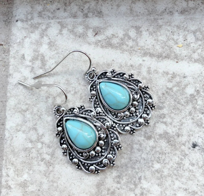Artificial Turquoise Alloy Teardrop Dangle Earrings - V.I.P Digital Presence