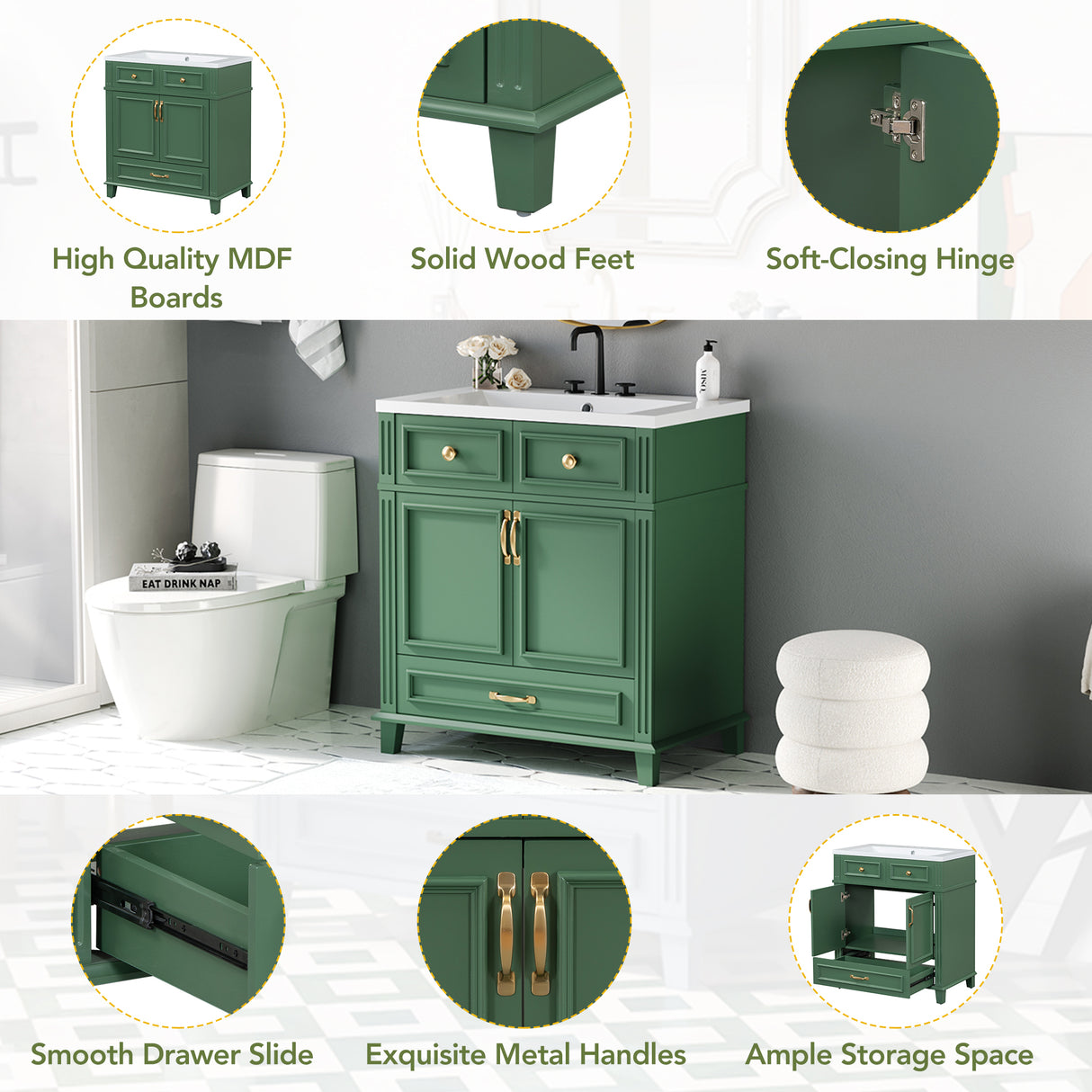 30 inch uncovered bathroom vanity with soft closed door, limited to solid wood frame bathroom storage cabinet green - V.I.P Digital Presence