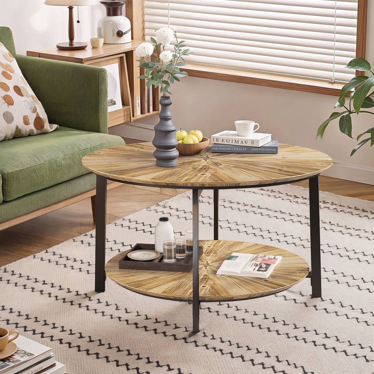 31.5 "Round Coffee Table Stand Wooden Double Layer Coffee Table with Open Storage Space and Metal Table Legs