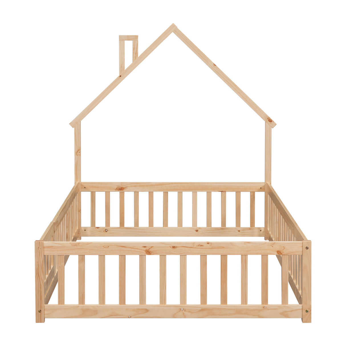 Full House-Shaped Headboard Floor Bed with Fence Natural - V.I.P Digital Presence