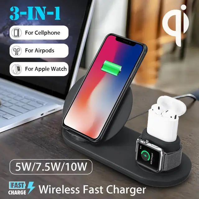 Estación de carga inalámbrica Qi 3 en 1 de 10 W, carga rápida para Apple Watch 1, 2, 3 y 4, iPhone XR, XS Max, Samsung S9 y AirPods.