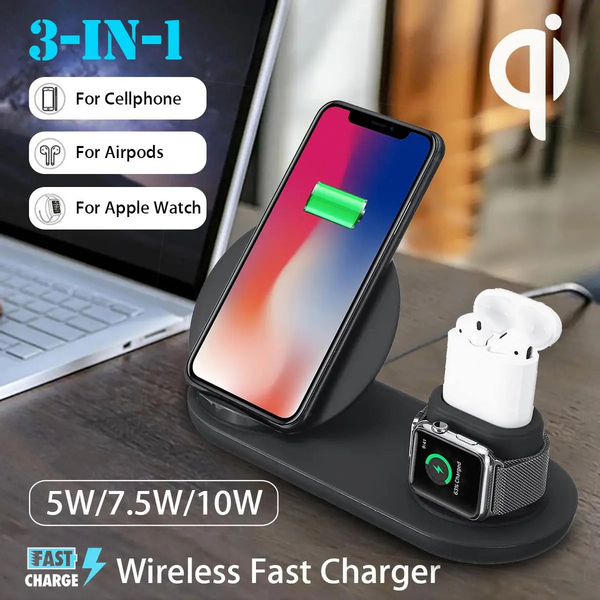 Estación de carga inalámbrica Qi 3 en 1 de 10 W, carga rápida para Apple Watch 1, 2, 3 y 4, iPhone XR, XS Max, Samsung S9 y AirPods.