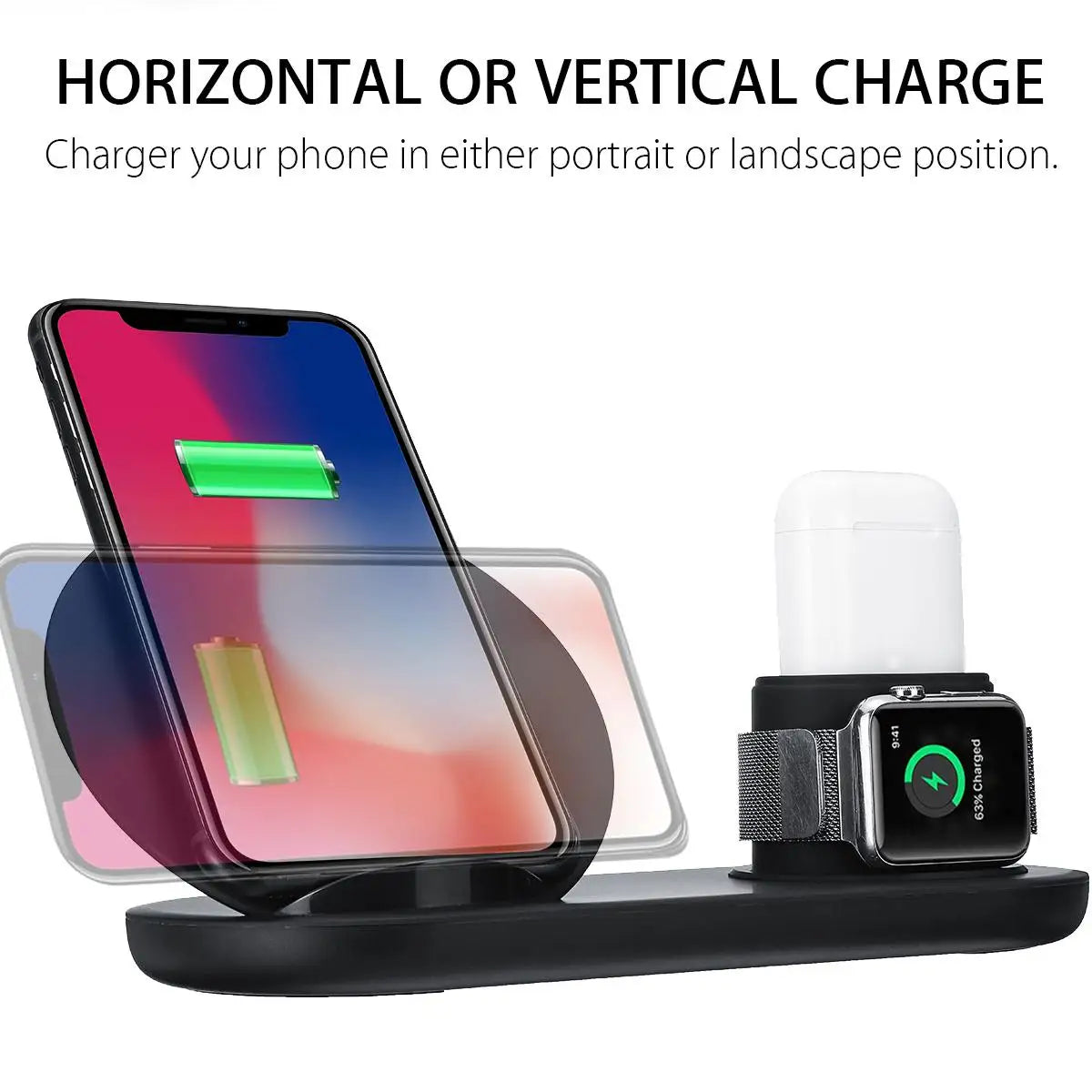 Estación de carga inalámbrica Qi 3 en 1 de 10 W, carga rápida para Apple Watch 1, 2, 3 y 4, iPhone XR, XS Max, Samsung S9 y AirPods.