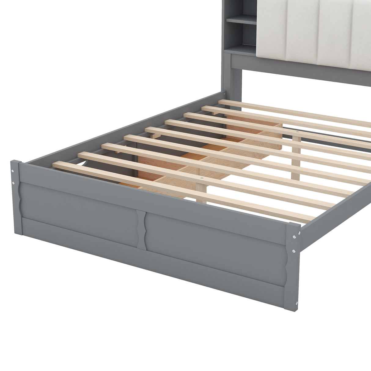 Wood Queen Size Platform Bed with Storage Headboard Shelves and 2 Drawers Gray