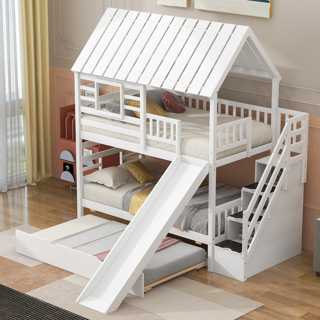Twin over Twin House Bunk Bed with Trundle and Slide Storage Staircase Roof and Window Design White