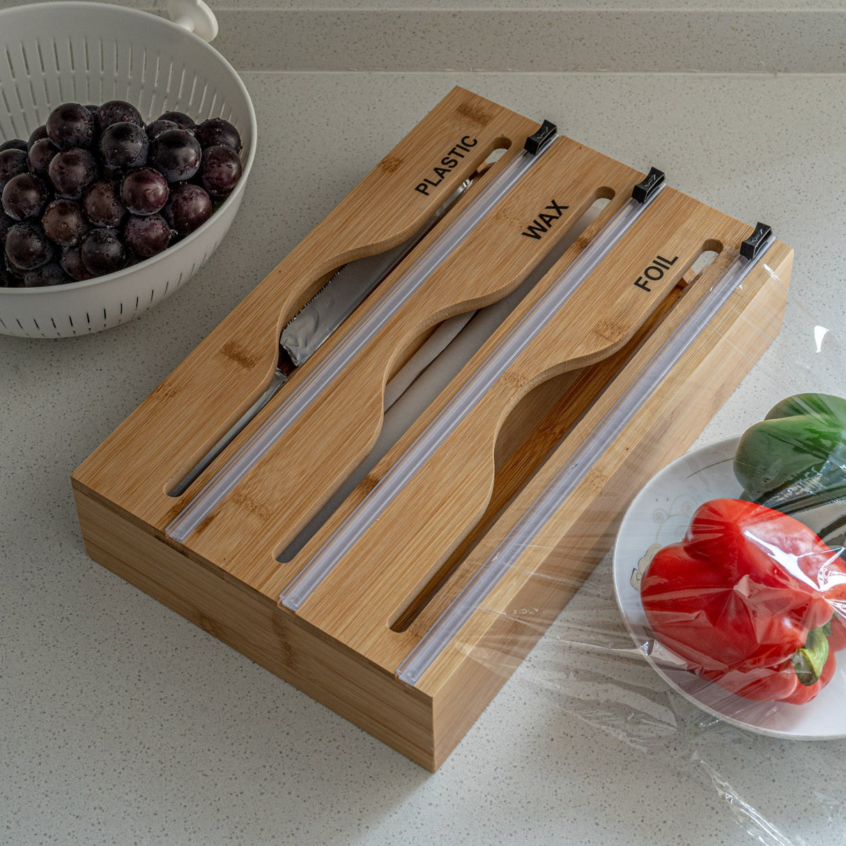 Simple wall-mounted bamboo and wood cling film cutter kitchen supplies multi-grid multi-layer scribing knife two-way cutter - V.I.P Digital Presence