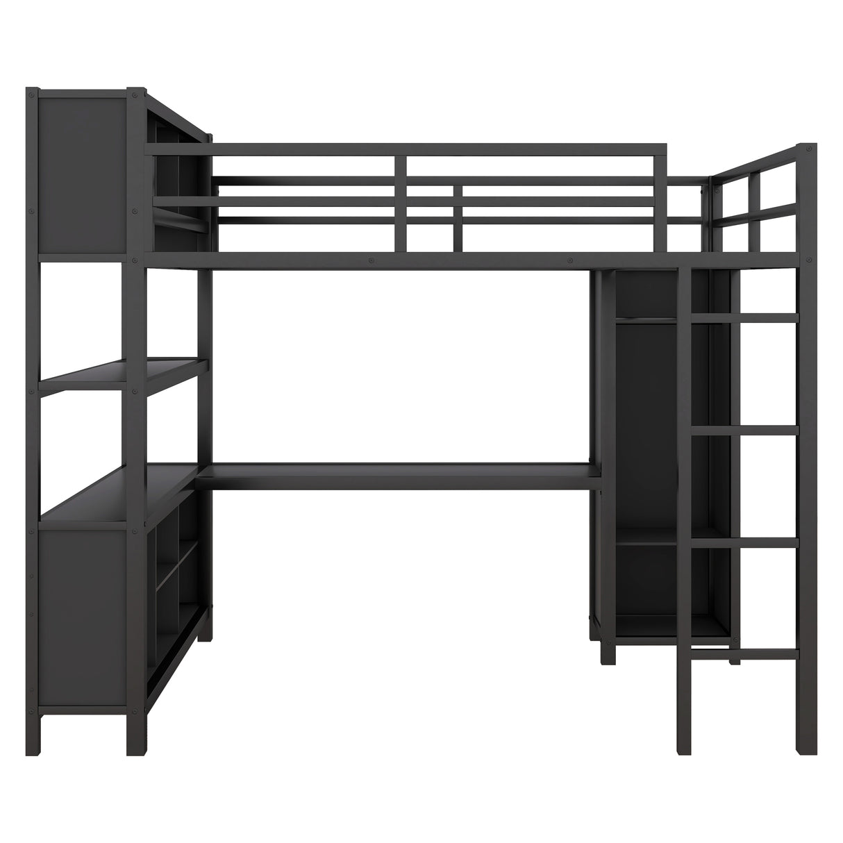 Metal loft bed with wardrobe and L-shaped desk, full-size loft bed with storage cabinet and shelf, heavy-duty loft bed, black - V.I.P Digital Presence