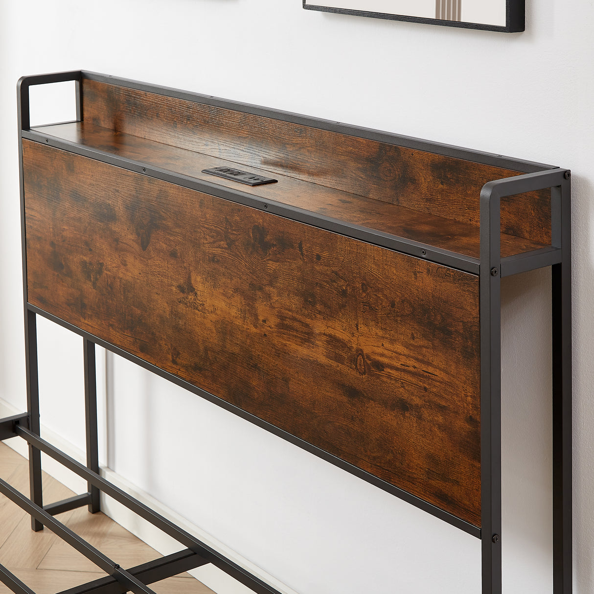 Bed frame with charging station full size, Rustic Brown, 83.1'' L x 56.1'' W x 39'' H - V.I.P Digital Presence